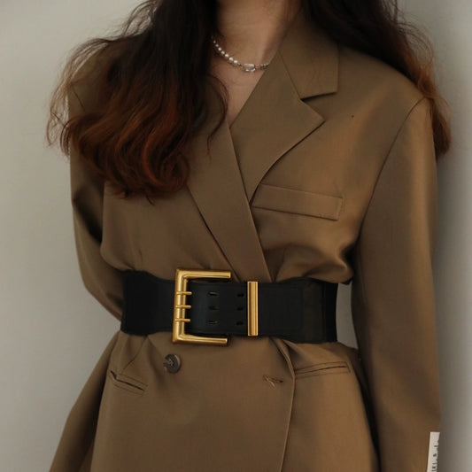 Pinned Alloy INS-Style Buckle Belt/Fashion Elastic Wide Smoothed Modern Square Belt.