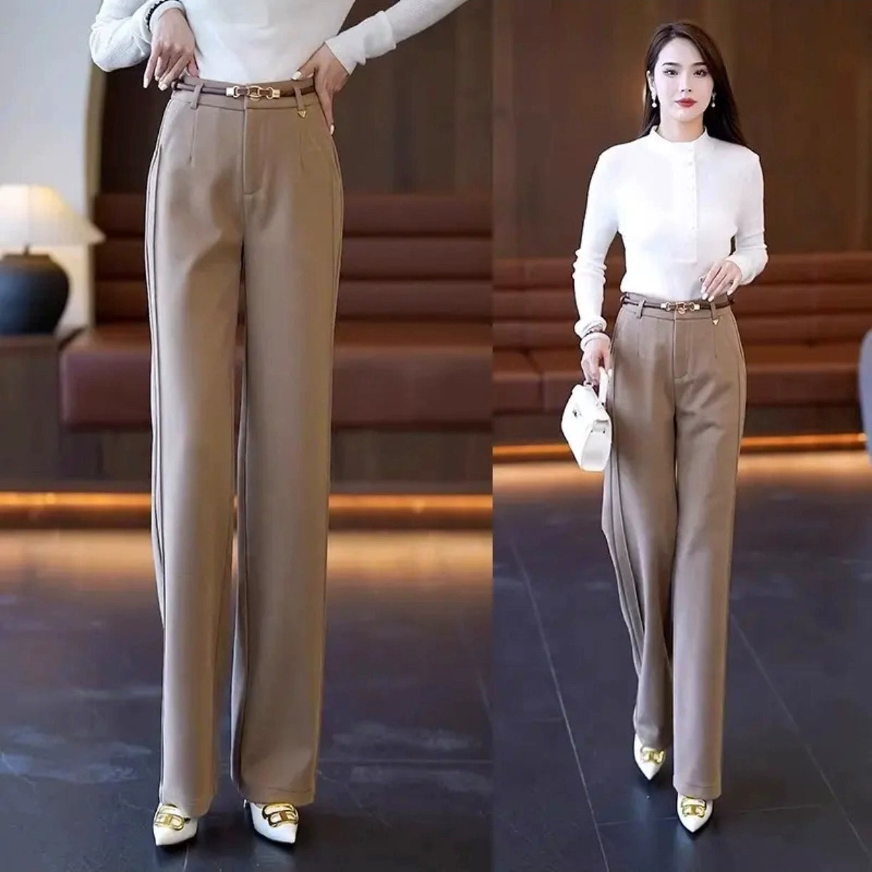 Well Made Acetate Woolen Straight Pant’s/ Female High Waist Slimming Straight Pant’s Daily Commuting.