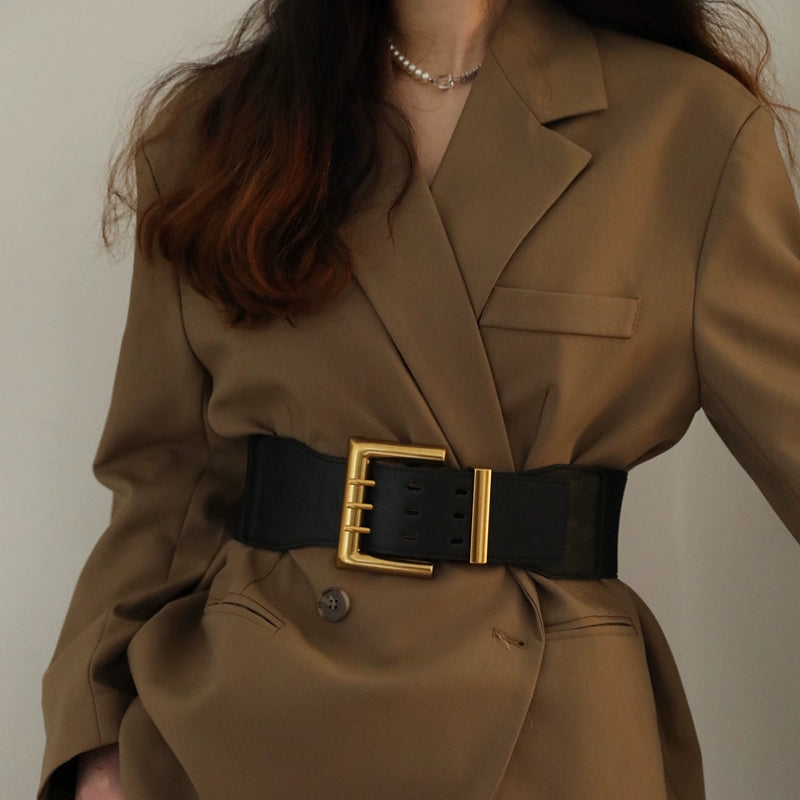 Pinned Alloy INS-Style Buckle Belt/Fashion Elastic Wide Smoothed Modern Square Belt.