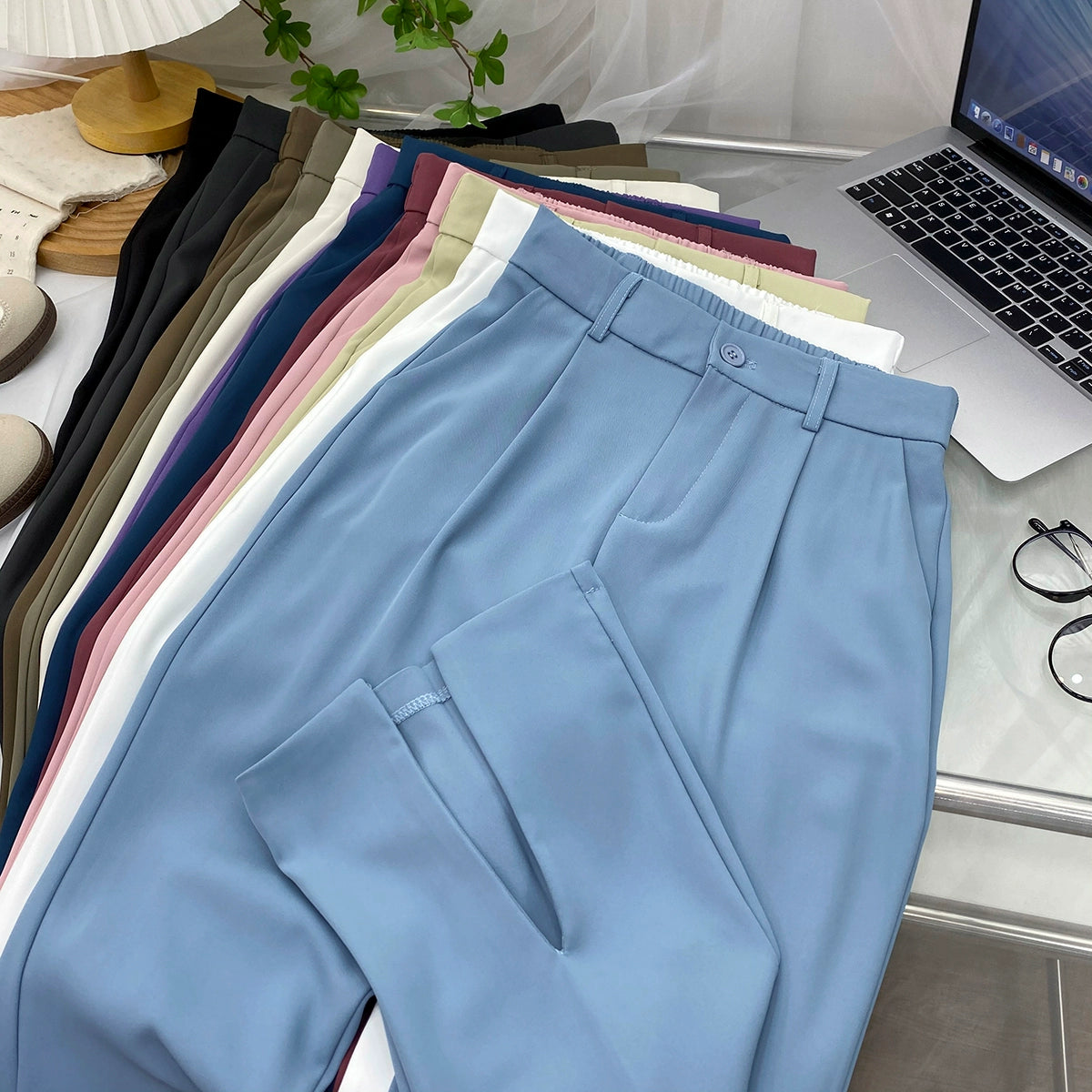 Fancy Asymmetric Slit Design/Solid  Ice Silk Micro-Pull Loose Drooping Mop Casual Pant’s/High Waist Micro-lathe pants.