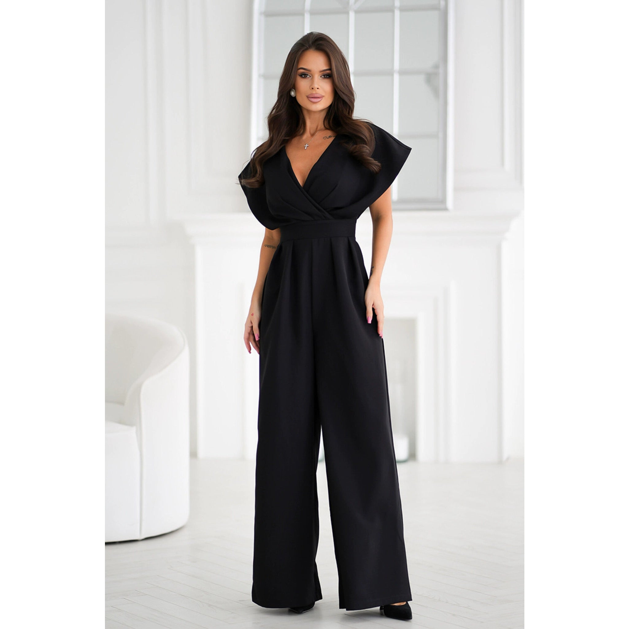 Breezy Crinkled Surplice Neckline/Wide Leg Jumpsuit/Fashion Style/Hot Sale New Elegant Slim/Looking Print V-neck Strap Dress.