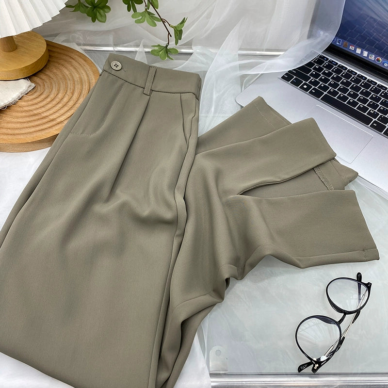 Fancy Asymmetric Slit Design/Solid  Ice Silk Micro-Pull Loose Drooping Mop Casual Pant’s/High Waist Micro-lathe pants.