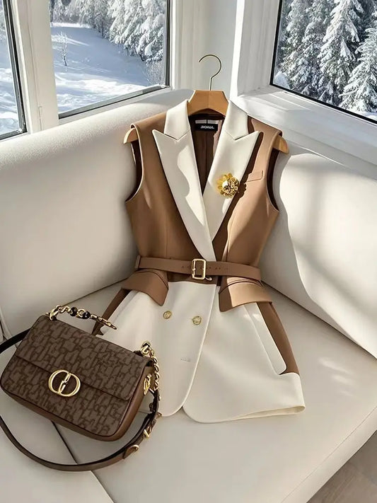 Autumn V~Neck Designed Blazer/ Jacket Vest for Women/Double Breasted Sleeveless Blazers/Slim Fit Non~Woolen Fabric.