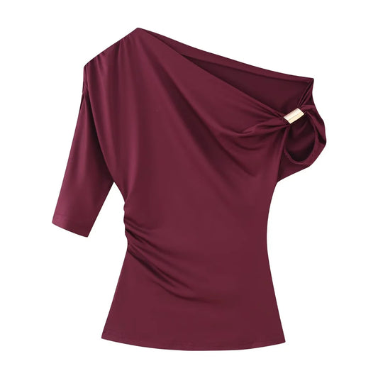 Fashion Styled Off Shoulder Blouse/Metallica Temperament Buckle/Slim Fit Nylon Asymmetric Top.