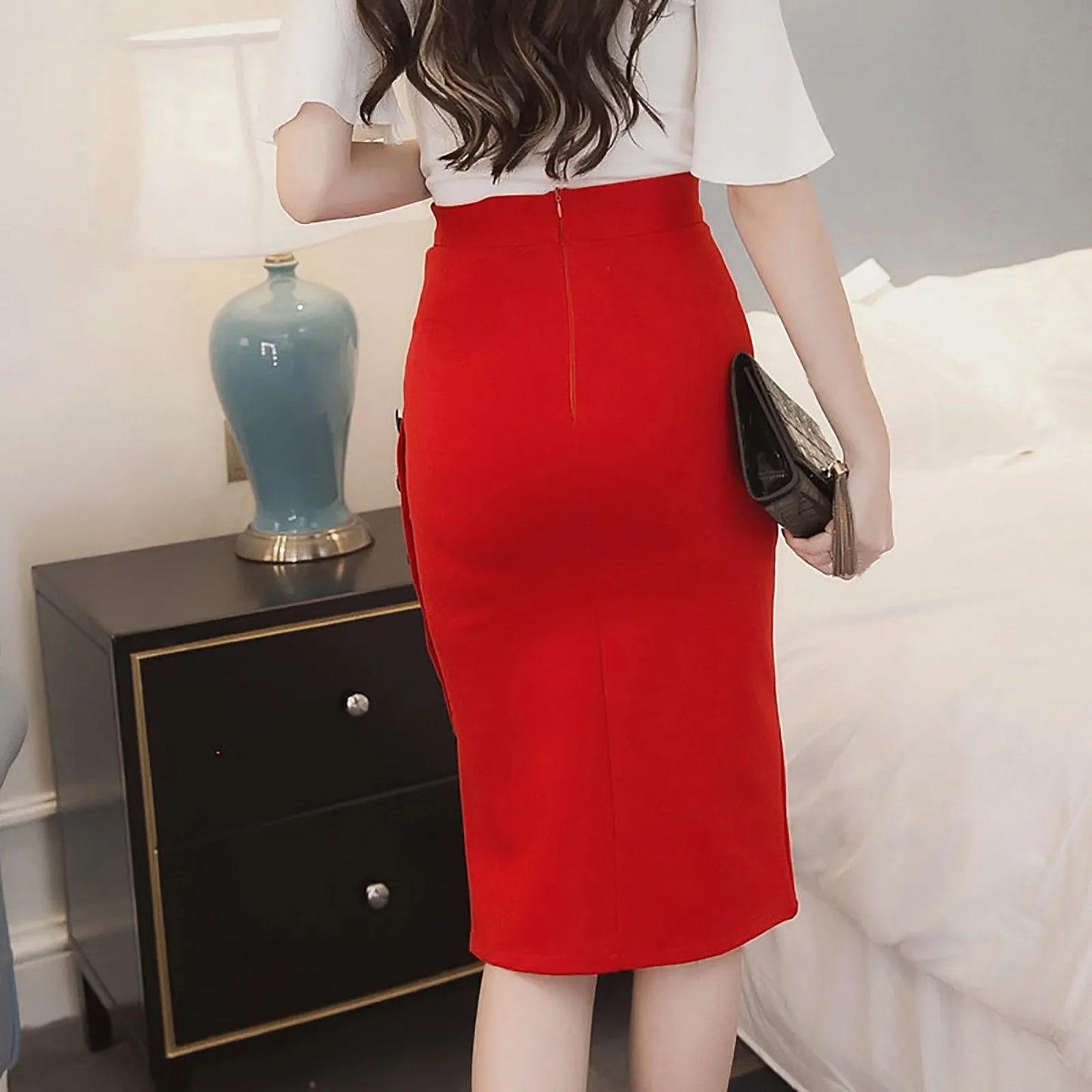 Elegant High Waist Fitted Skirt/Slit Pencil/Stretch Midi Skirts/Knee Length Fitted Skirt/Broadcloth Material.