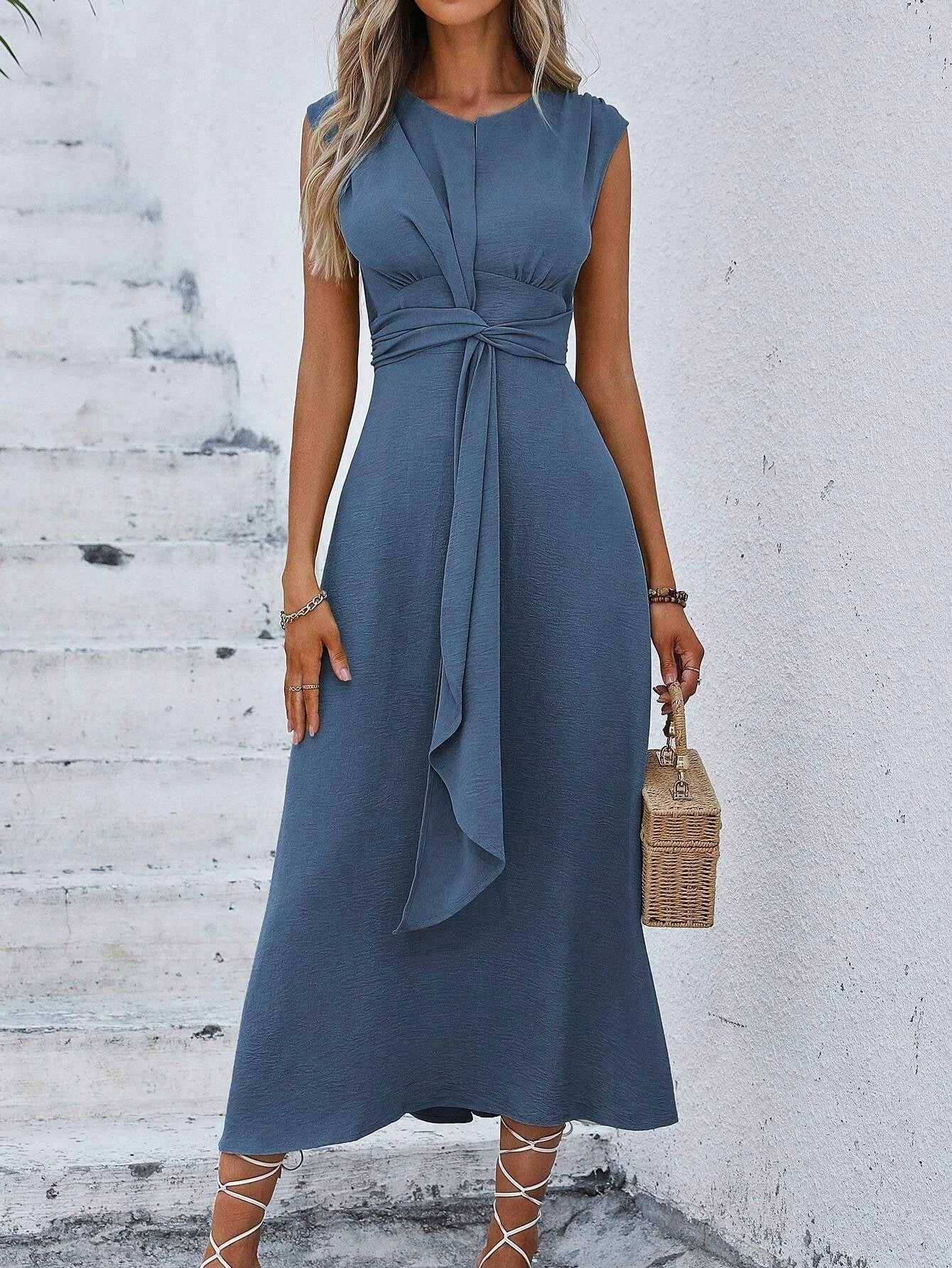 Elegant Sleeveless Waist Tie Midi Dress for Women – Romantic Vacation A-Line Summer Dress | Casual Chic Date Night Outfit | Modern Blend Boutique