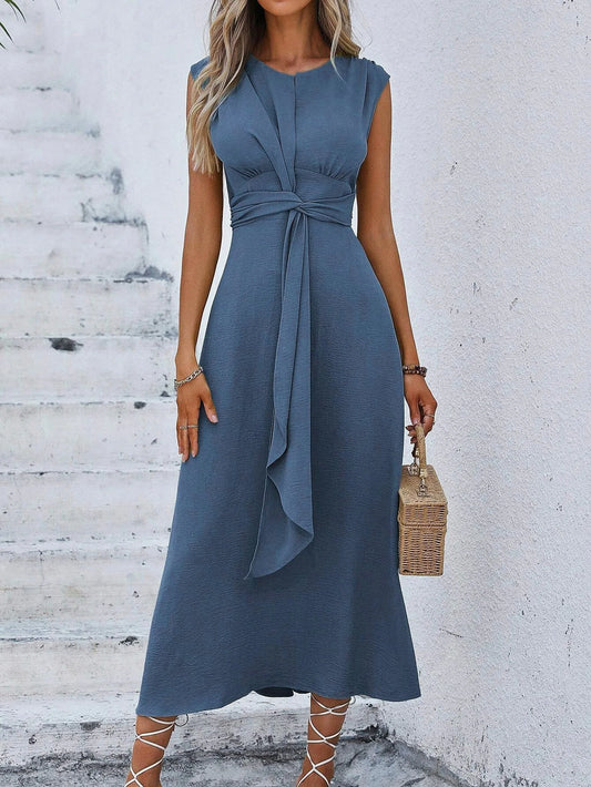 Elegant Sleeveless Waist Tie Midi Dress for Women – Romantic Vacation A-Line Summer Dress | Casual Chic Date Night Outfit | Modern Blend Boutique