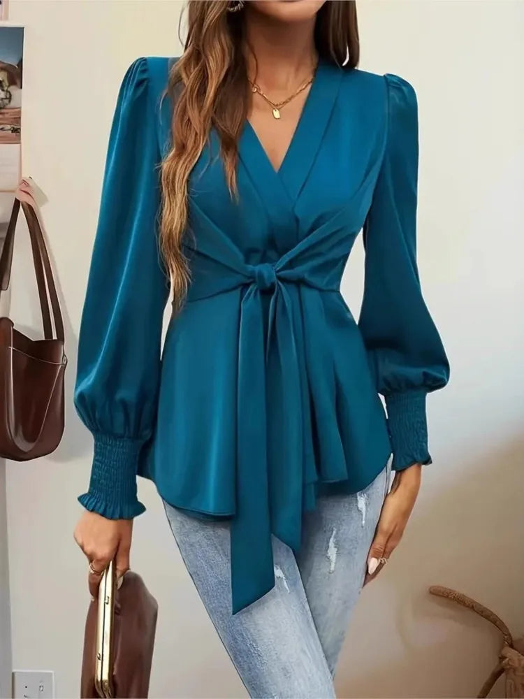 Elegant V-neck Lace Up Waist Cinching Autumn Women's Clothing New Casual Loose Solid Color Pullover Shirt.