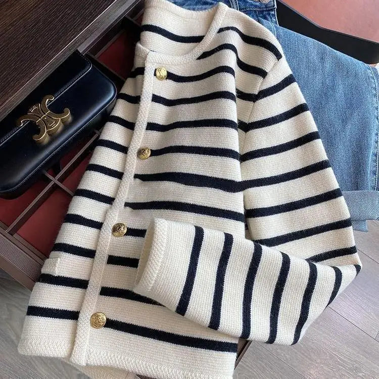 Women’s Striped Knitted Cardigan – O-Neck Long Sleeve Short Sweater Jacket | Spring Fall Versatile Knit Top