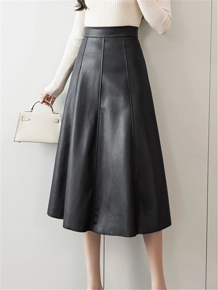 Seoulish Black Faux PU Leather Women's A-Line Skirt/New High Wasit Solid Chic/Umbrella Office Skirt’s Female.