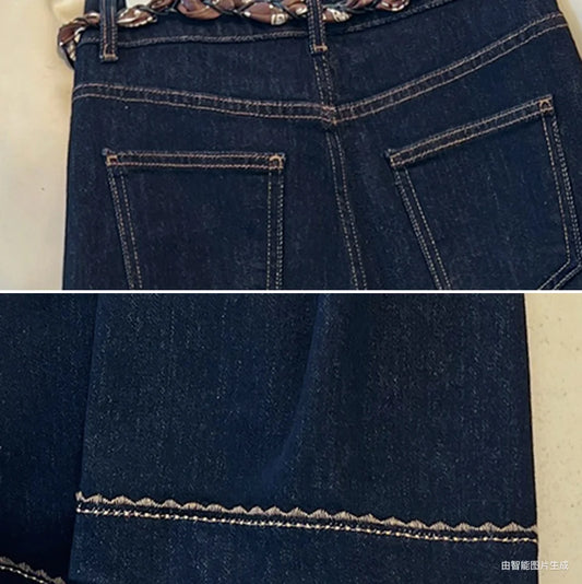 Luxury High-Waist Wide-Leg Denim Jeans with Boho Scarf Tie & Beaded Drawstring | Modern Blend Boutique