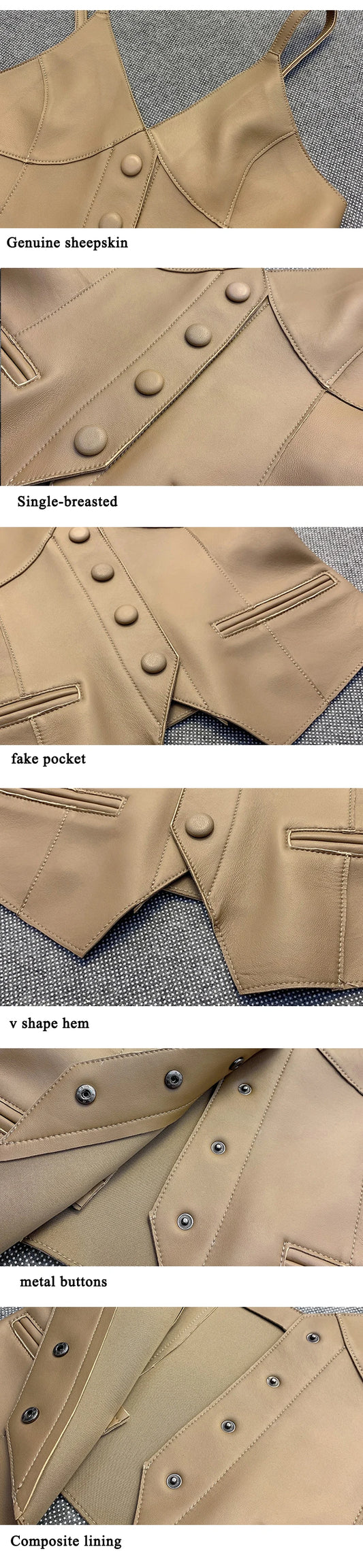 Luxury Genuine Sheepskin Leather Vest for Women – Tailored V-Neck Button Front Streetwear Top (Black, Camel, Green, Purple, Orange, Khaki)