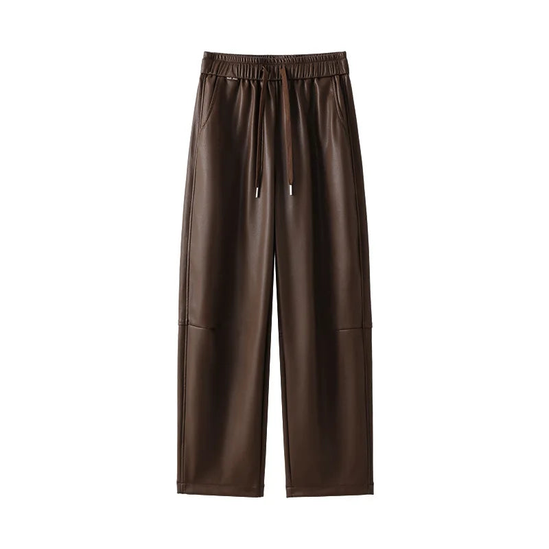 Luxury PU Leather Jogger Pants for Women – High-Waist Elastic Drawstring Wide-Leg Trousers – Comfy Chic Vegan Leather Athleisure Pants