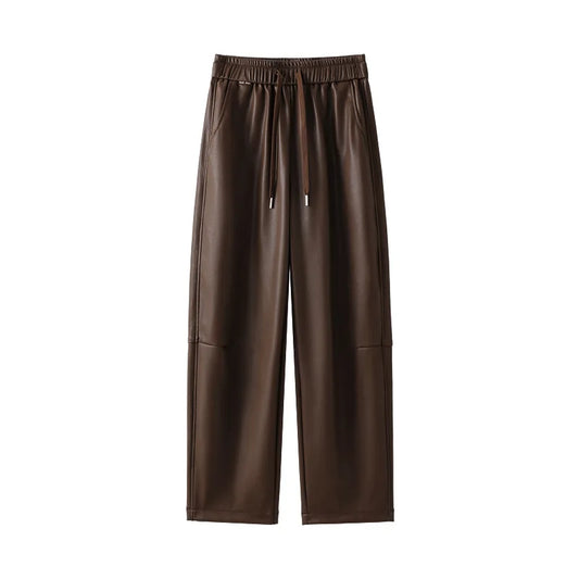 Luxury PU Leather Jogger Pants for Women – High-Waist Elastic Drawstring Wide-Leg Trousers – Comfy Chic Vegan Leather Athleisure Pants