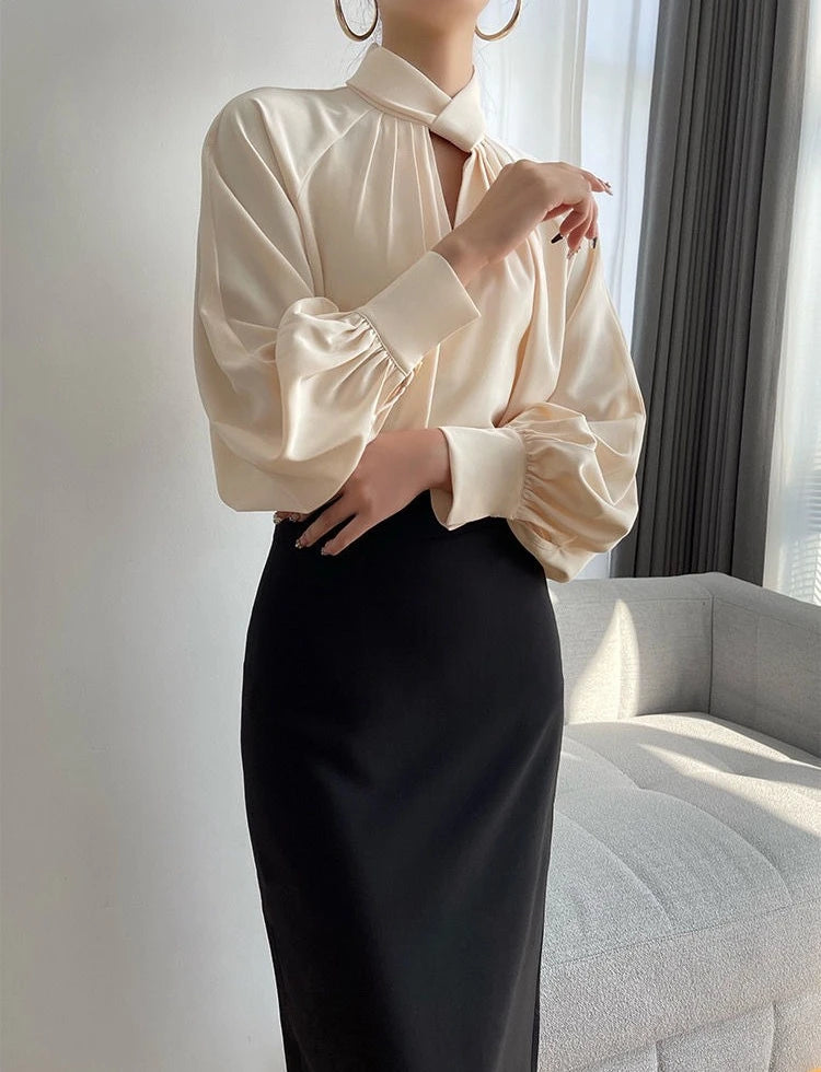 Elegant Twist-Neck Satin Blouse for Women – Long Sleeve Formal Top