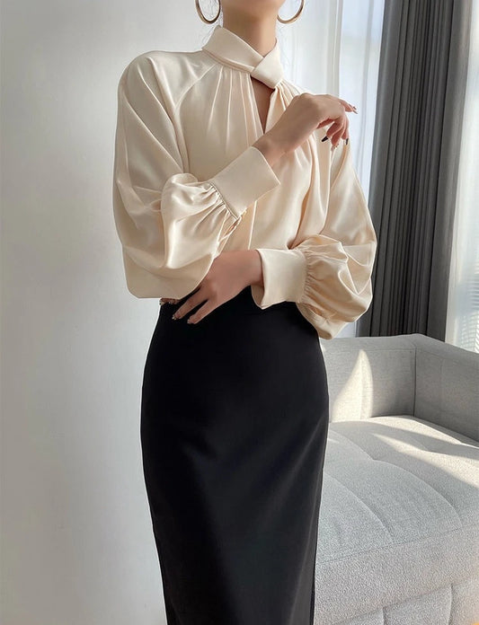 Elegant Twist-Neck Satin Blouse for Women – Long Sleeve Formal Top