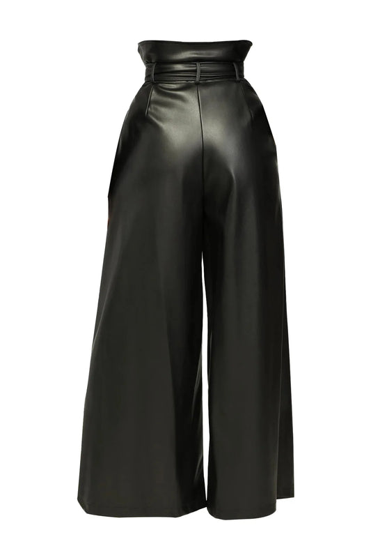 High-Waist Faux Leather Wide-Leg Pants with Belt – Elegant Statement Trousers
