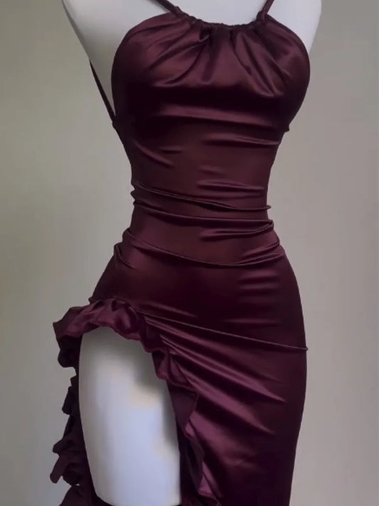 Burgundy Satin Ruched Maxi Dress – Open Back High Slit Spaghetti Strap Evening Gown for Women
