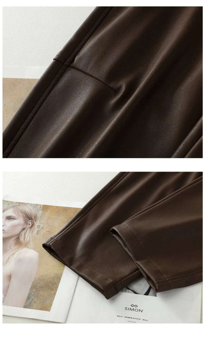 Luxury PU Leather Jogger Pants for Women – High-Waist Elastic Drawstring Wide-Leg Trousers – Comfy Chic Vegan Leather Athleisure Pants