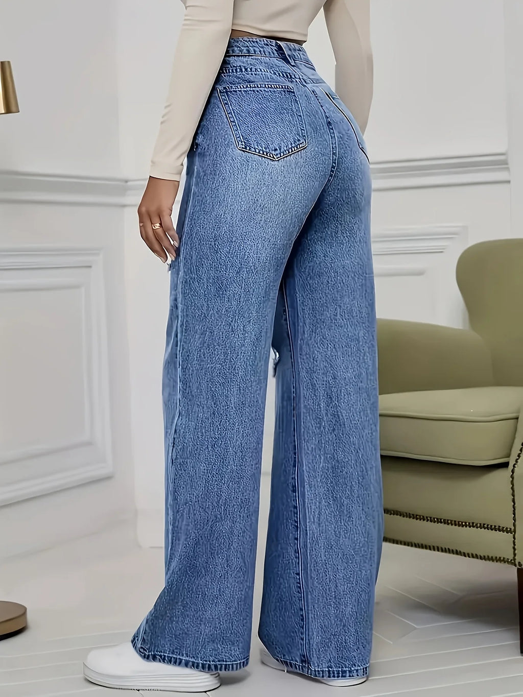 Loose Fitted High-Waist Denim/Straight Leg Jeans/Style Up Ripped Details/Casual wear/Fashionable Ankle Length Pants/Outdoor wear.