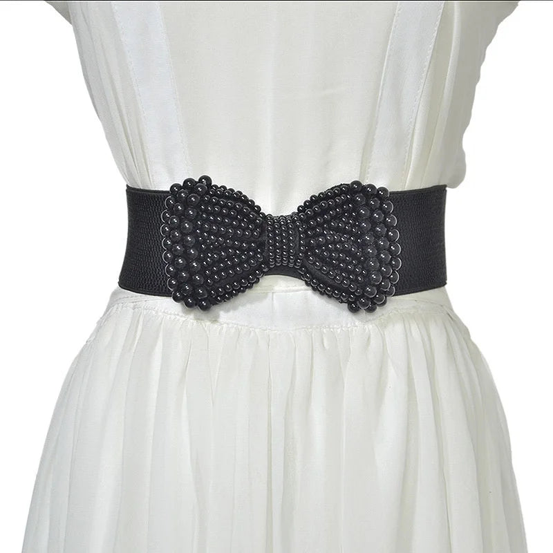 Refined Bowknot Elastic Belt/Elegant Women Wide Side Waistband/Female Dress Coat Clothing Exquisite Decoration Belt.