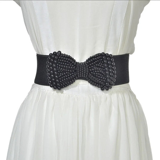 Refined Bowknot Elastic Belt/Elegant Women Wide Side Waistband/Female Dress Coat Clothing Exquisite Decoration Belt.