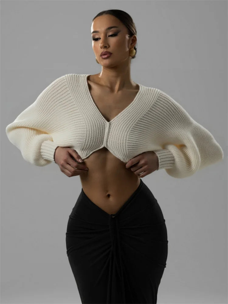 Luxury Ribbed Knit Cropped Cardigan Top – V-Neck Balloon Sleeve Sweater