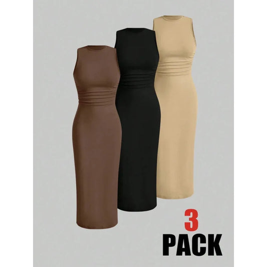 Modern Blend Boutique | Sculpted Suede Midi Dress – High Neck Bodycon Waist Cinch Elegant Minimalist Dress (3 Color Set Available, In packs)