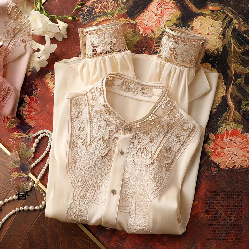Embroidery Hollow Out  Fashion Blouse/ Long Sleeved Flora Designed Blouse/Opened Stitched Buttoned Shirt.
