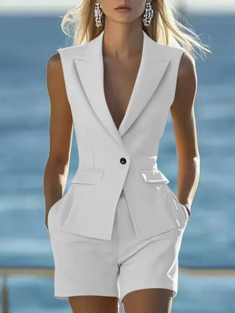 Elegant Sleeveless Blazer Vest & Tailored Shorts Set – Women’s Chic Summer Two Piece Suit Outfit | Modern Blend Boutique