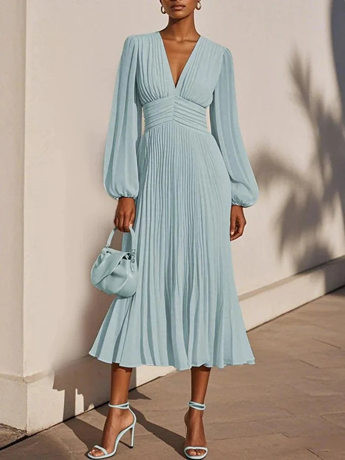 Modern Blend Boutique Elegant Pleated Maxi Dress – Long Sleeve V-Neck Evening Dress for Women | Flowing A-Line Spring Occasion Dress 2026