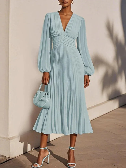 Modern Blend Boutique Elegant Pleated Maxi Dress – Long Sleeve V-Neck Evening Dress for Women | Flowing A-Line Spring Occasion Dress 2026