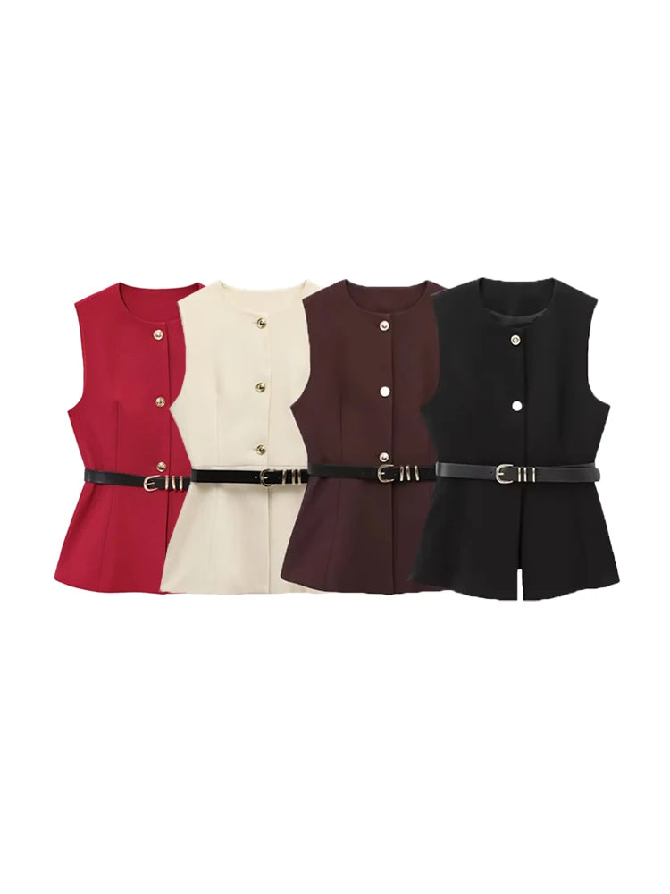 Commense Button Detail/TRZA-Women's Long Waistcoat with Belt, Front Gold Button/Fashion. Women Fashion Vintage Vest/Sleeveless Front Button Female Vest Tops With Belt