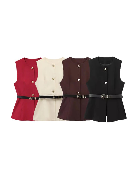 Commense Button Detail/TRZA-Women's Long Waistcoat with Belt, Front Gold Button/Fashion. Women Fashion Vintage Vest/Sleeveless Front Button Female Vest Tops With Belt