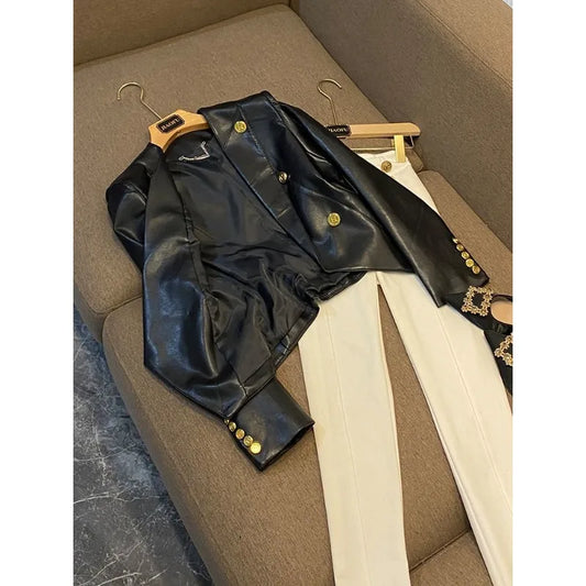 Luxury Faux Leather Tailored Blazer with Gold Buttons | Women’s Structured Vegan Leather Jacket