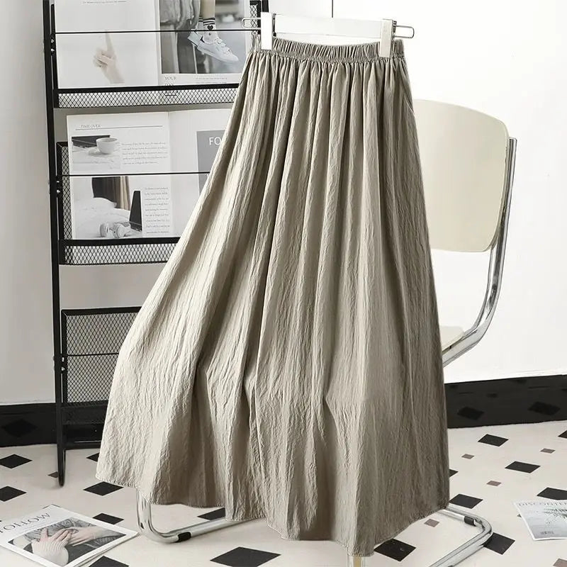 Solid New Trendy Pleated High Waist Solid Color Versatile Casual A-line Skirt/Ankle Length Tatting Craft.