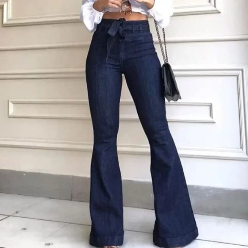 Slightly Stretched High Waist Bell Bottom’s/Flare Pants/Solid Color High Waist/Zipper Fly Flat Pockets/ Streetwear/Slim Patchwork Button Slight Strech Belt.