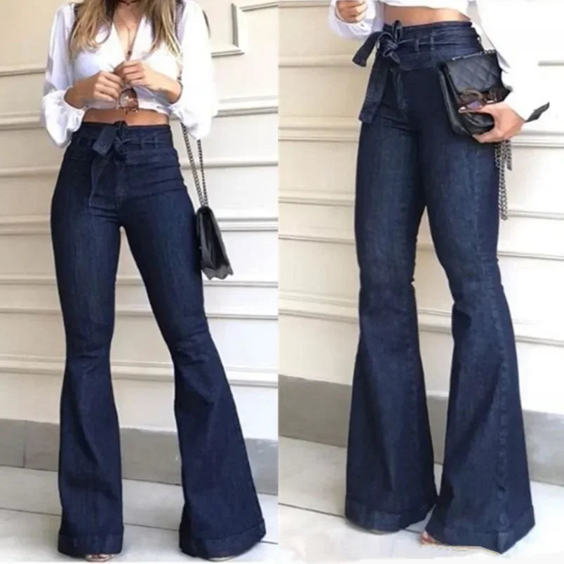 High-Waist Dark Wash Flare Jeans for Women | Vintage Bell Bottom Denim Pants
