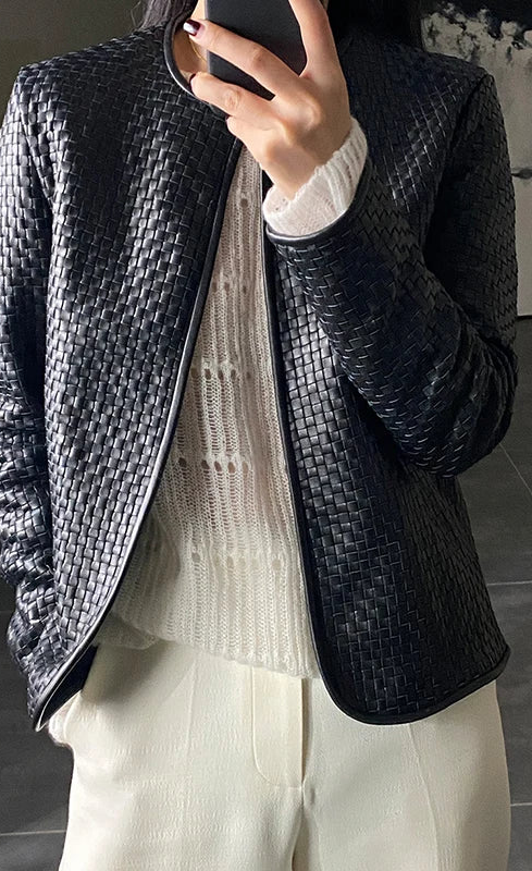 Genuine Leather Jacket/Women Stylish Vintage Jacket/Hand-Woven Sheepskin/O-Neck Cardigan Plaid Coat Outwear.