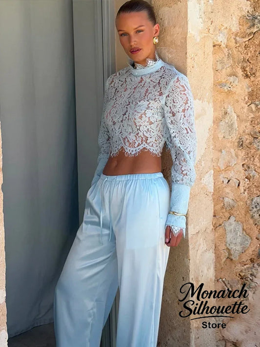 Timeless Lace Two-Piece Set | Elegant Cropped Lace Top & Wide-Leg Pants