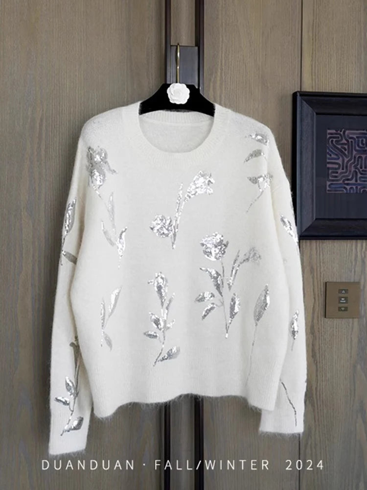 Stylish Loose Sequined Sweater/O~Neck Silver Floral Sweater/Long Sleeve Elegant Knitted Tops Pullovers Jumpers Pull Over.