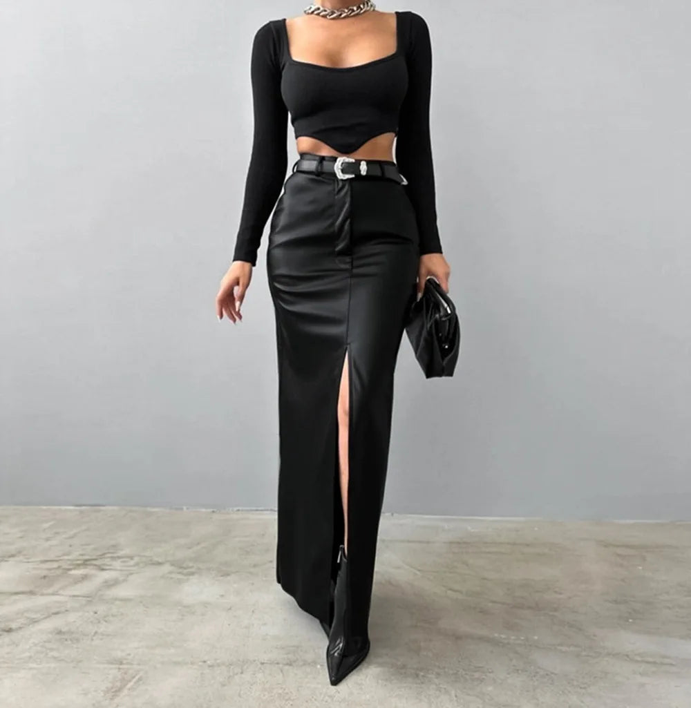 Luxury High-Waist Faux Leather Midi Skirt with Front Slit – Elegant Tailored Fit