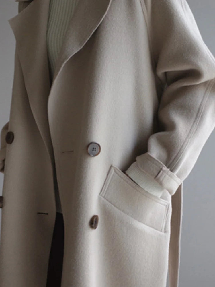Plush Woolen Blended Coat/Vintage Long Jacket Overcoat Ladies Oversized Loose Lapel Coat.