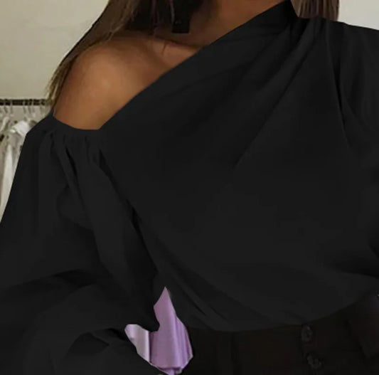 Women's Solid Color Oblique/Shoulder fit long Sleeve. For casual use/Off Shoulder design. Female Fashion Lantern Long Sleeve Shirts.