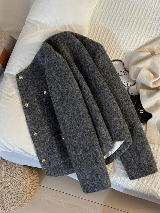 Women’s Thick Wool-Blend Jacket with Gold Buttons – Structured O-Neck Vintage Coat | Autumn Winter 2025