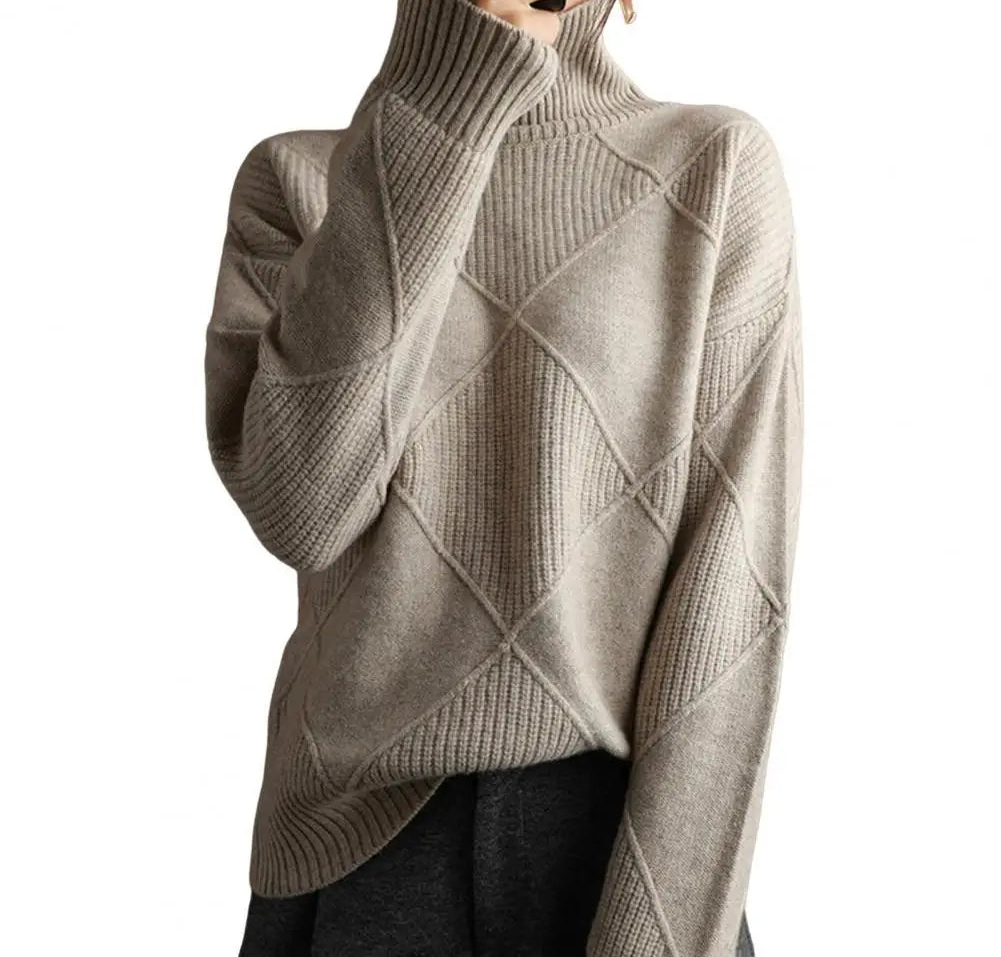 Solid Stylish Winter Turtleneck Sweater/ Elegant Thicken Warm Knitted Pullover/Crochet Texture Slim Tops Loose Jersey Knitwear Jumper.