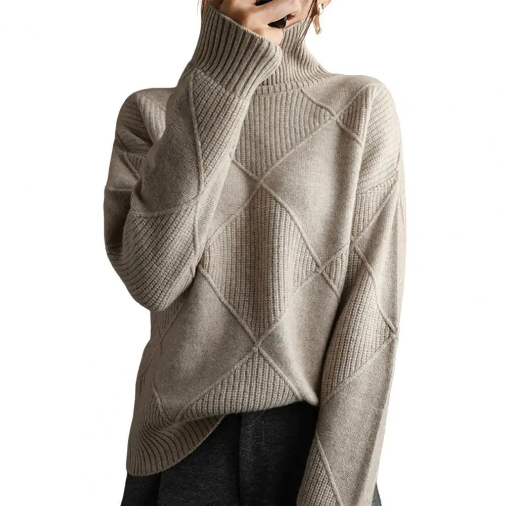 Solid Stylish Winter Turtleneck Sweater/ Elegant Thicken Warm Knitted Pullover/Crochet Texture Slim Tops Loose Jersey Knitwear Jumper.