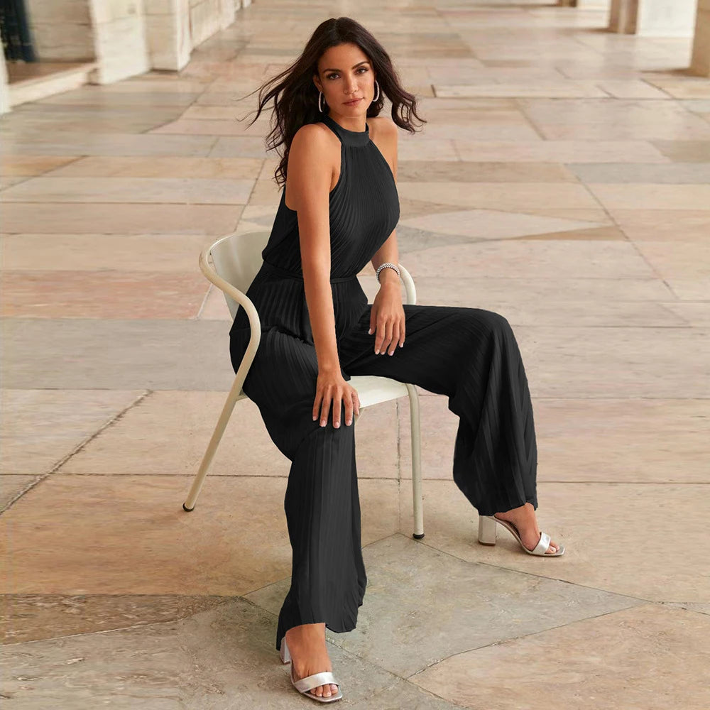 Black Ribbed Halter Neck Jumpsuit for Women – High Waist Wide Leg Sleeveless Jumpsuit with Tie Belt | Elegant Boutique Style
