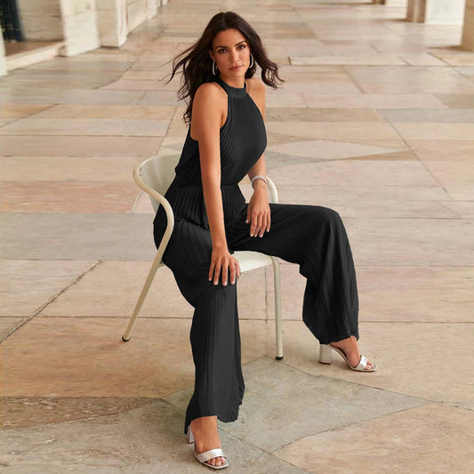 Black Ribbed Halter Neck Jumpsuit for Women – High Waist Wide Leg Sleeveless Jumpsuit with Tie Belt | Elegant Boutique Style