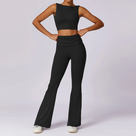 High-Waisted Flared Active Pants with Sculpting Fit – Neutral Beige